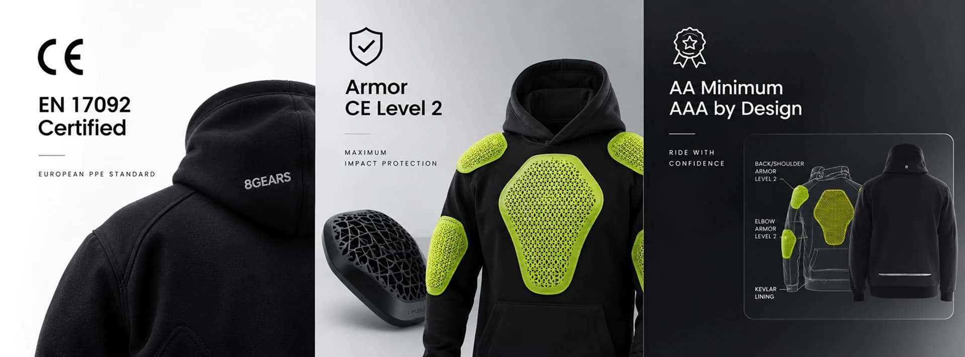 8 Gear protective hoodie certification and armor feature overview