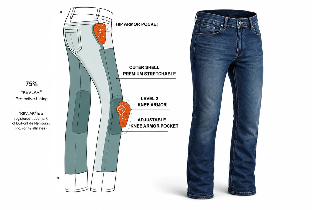 8 Gear motorcycle jeans protection technology diagram