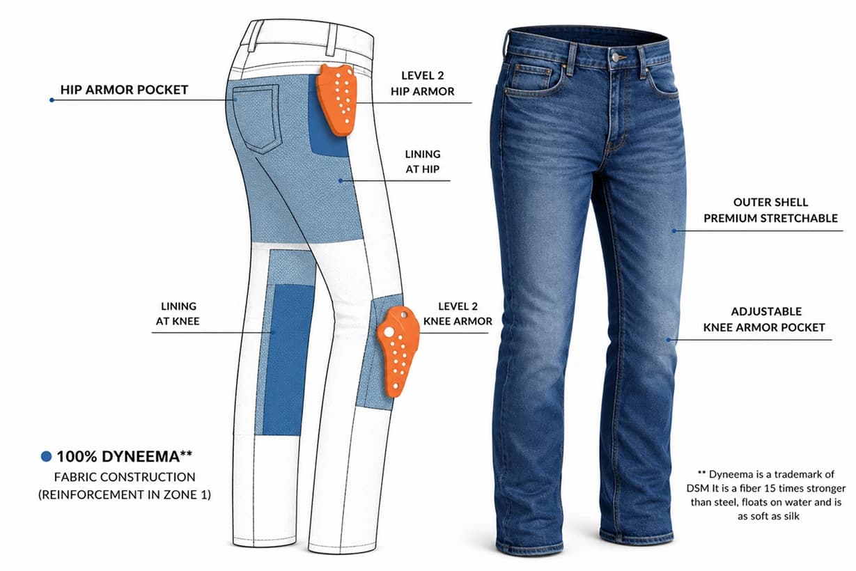8 Gear motorcycle jeans protection technology diagram